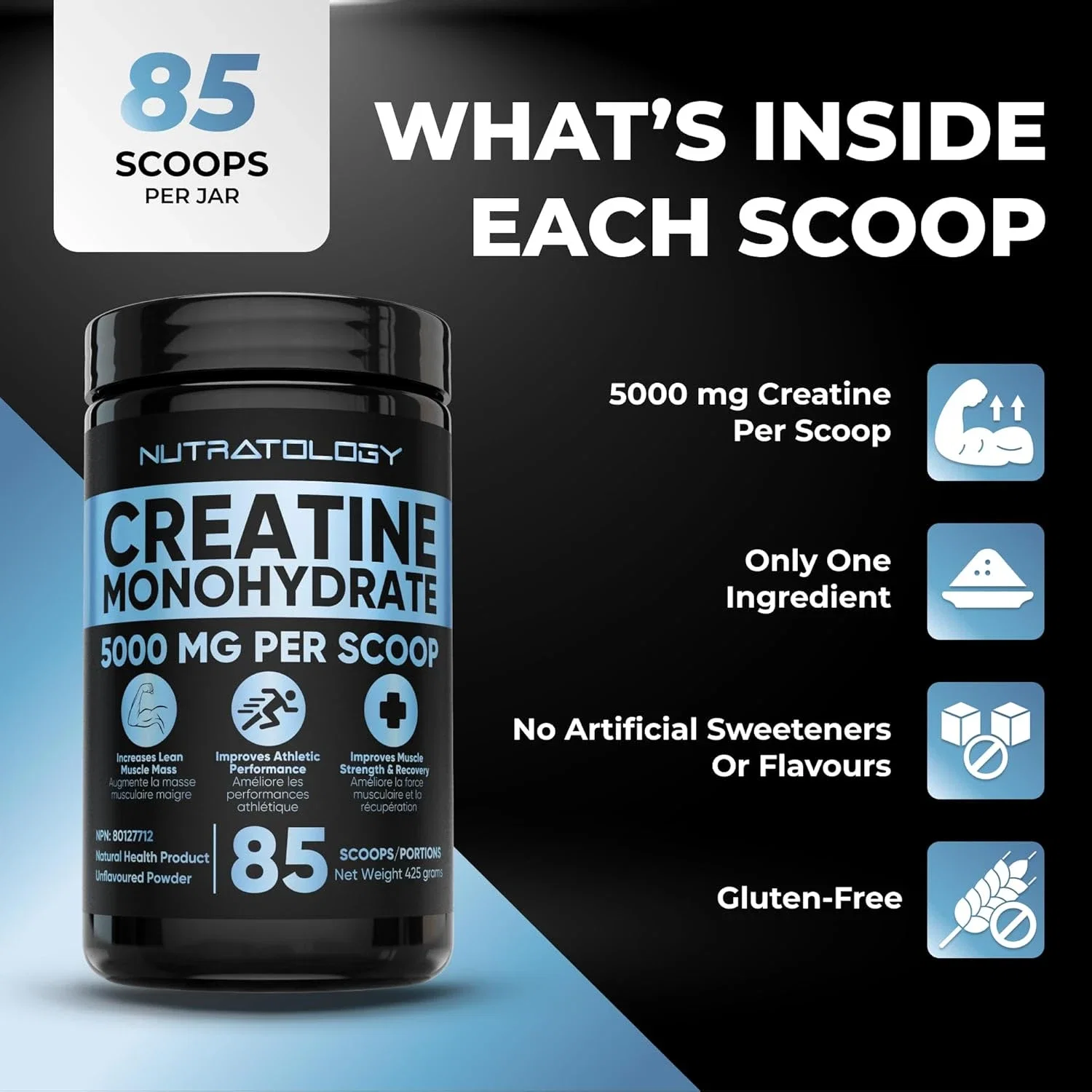 Poudre de créatine monohydrate 425 g – Pour une croissance musculaire et une performance accrues – Bâtisseur musculaire pré-entraînement – Favorise la performance athlétique – Poudre de créatine pour
