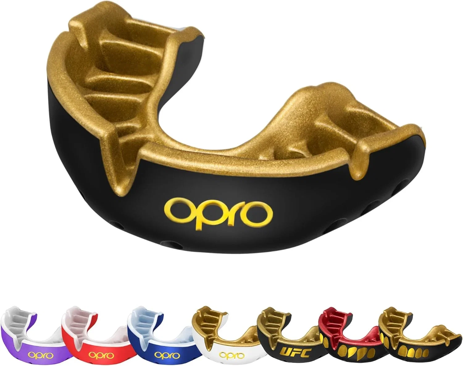 OPRO Gold Level Protège-dents pour boxe, MMA, BJJ et Muay Thai – Ajustement et protection optimaux – Embouchure malléable pour lutte, rugby et football – Comprend un étui (noir/doré, adulte)