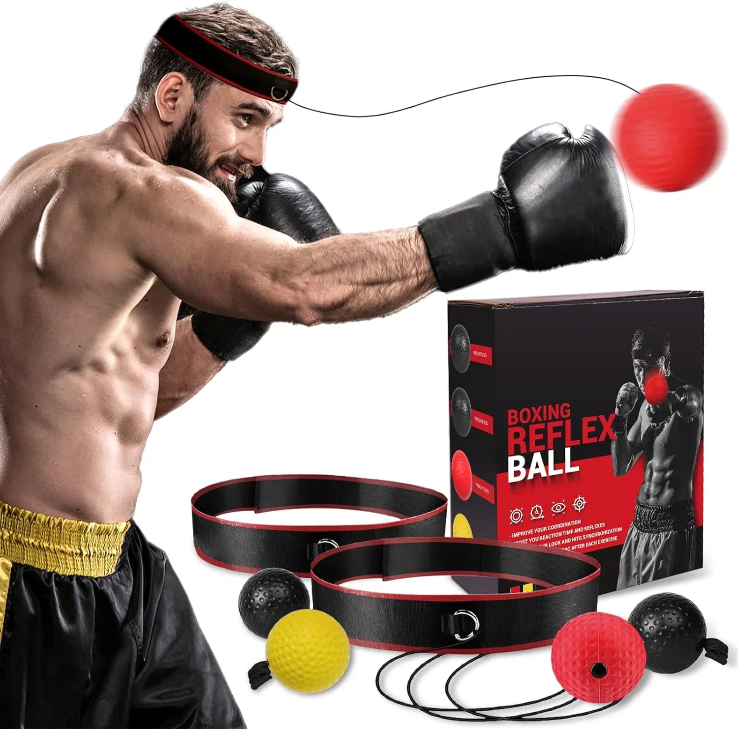 KTEBO® Ensemble de bandeau de boxe avec balle réflexe – Comprend 4 balles différentes et 2 bandeaux réglables pour l'amélioration des compétences des débutants, excellent équipement de boxe