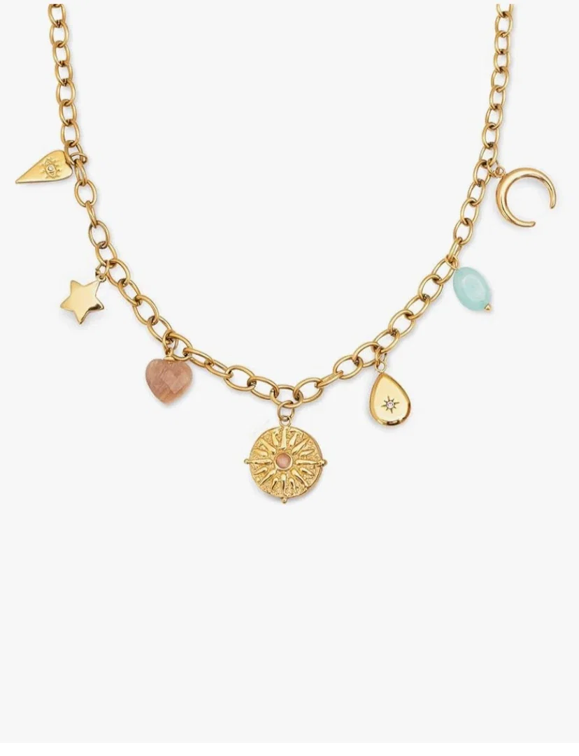 SINGULARU - Collier Multicharms Soleil. Acier avec Finition Plaqué Or 18Kt. Chaîne à Maillons avec Charms Suspendus. Détails en Pierres Naturelles et Zirconiums. Bijoux pour Femme